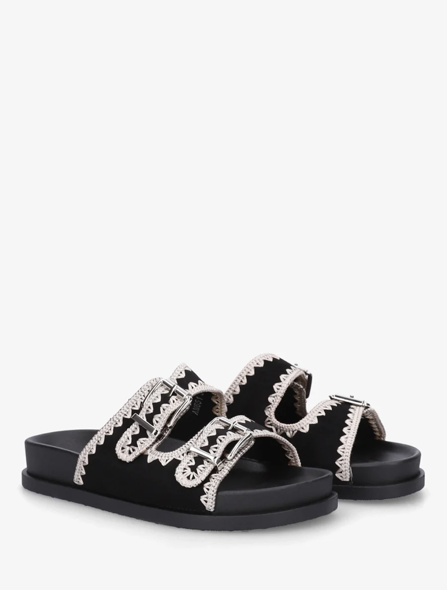 Suède dubbelgesp sandalen met borduursels - Zwart - Image 4