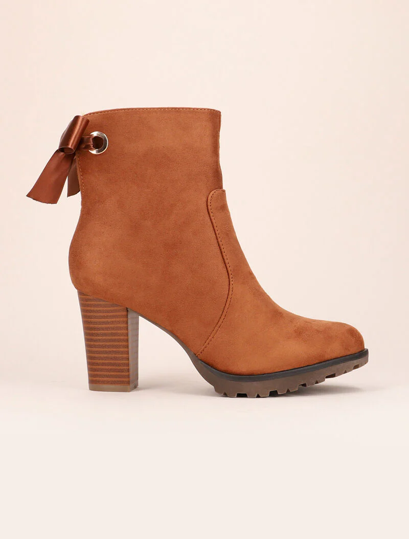 Suède enkellaarsjes met strikdetail - camel