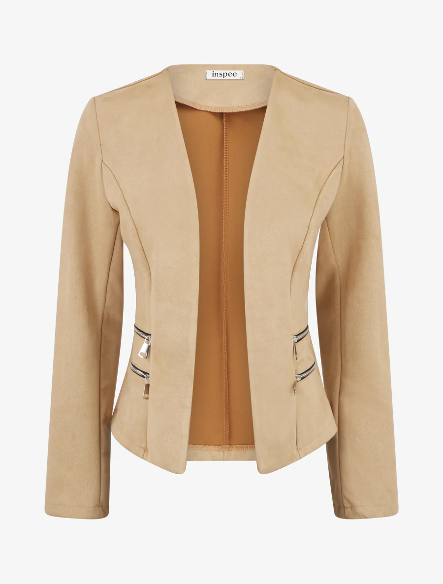 Suède jasje met decoratieve ritszakken - Donker beige