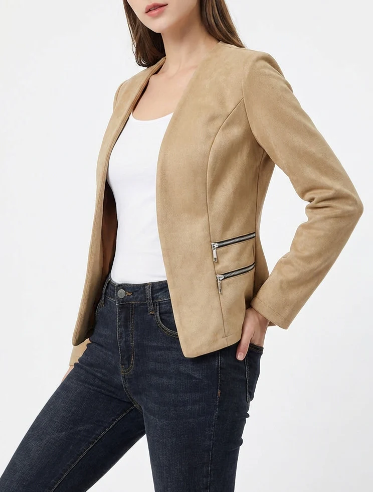 Suède jasje met decoratieve ritszakken - Donker beige - Image 4