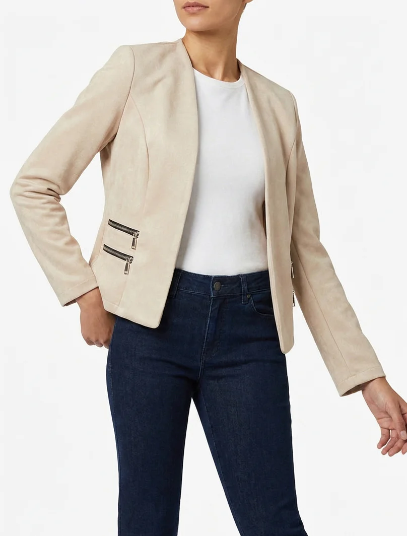 Suède jasje met decoratieve ritszakken - Beige - Image 4