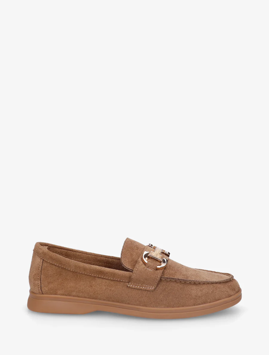 Suède mocassins met gesp en platte zool - Kameel