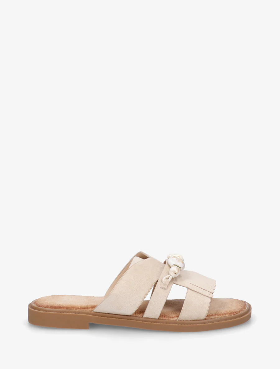 Suède muiltjes met franjes en parels - Beige
