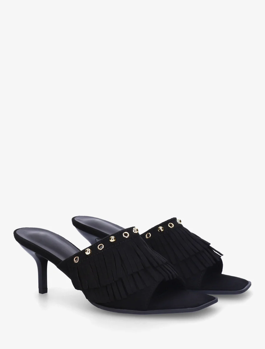 Suède muiltjes met franjes en studs - Zwart - Image 4