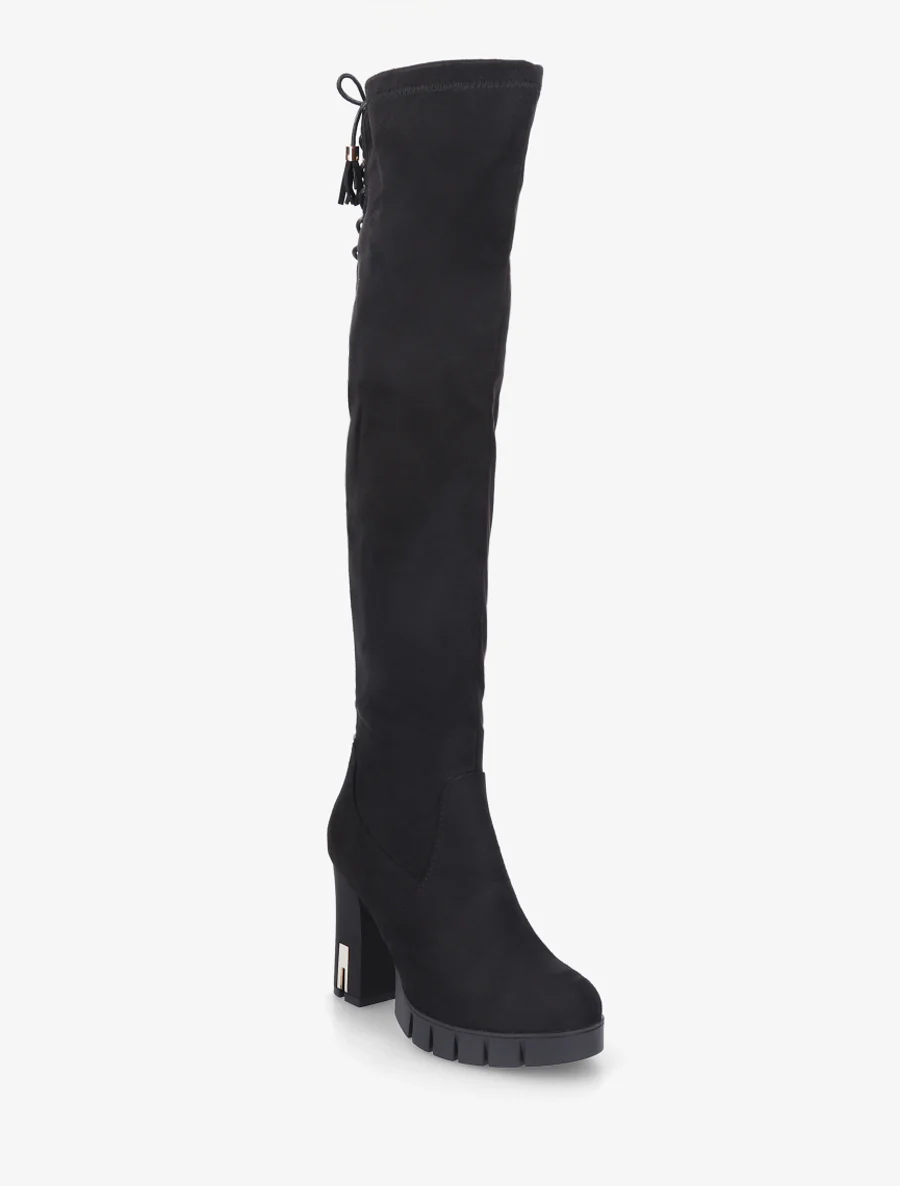Suède overknee laarzen met een geprofileerde zool en hak. - Zwart - Image 2