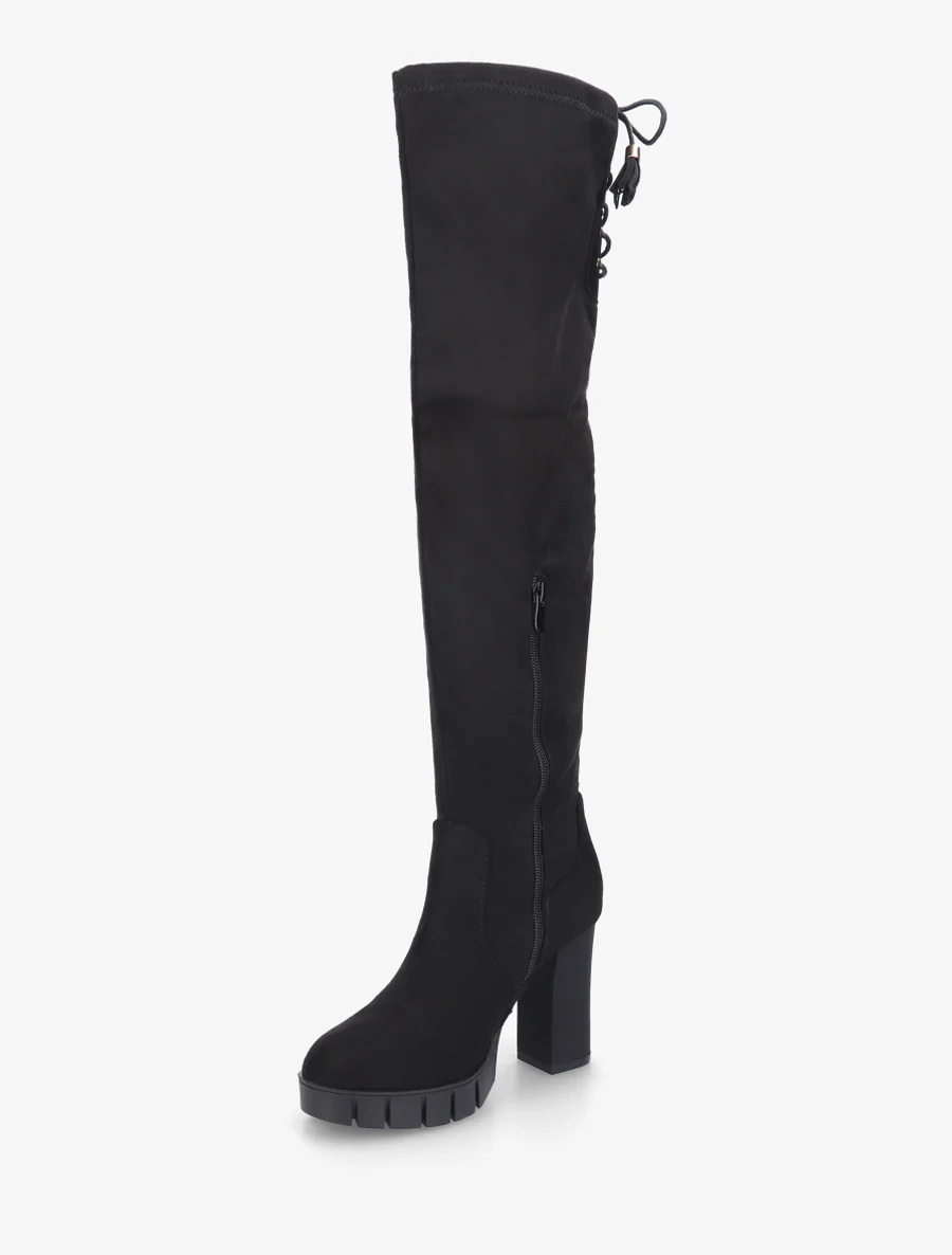 Suède overknee laarzen met een geprofileerde zool en hak. - Zwart - Image 3