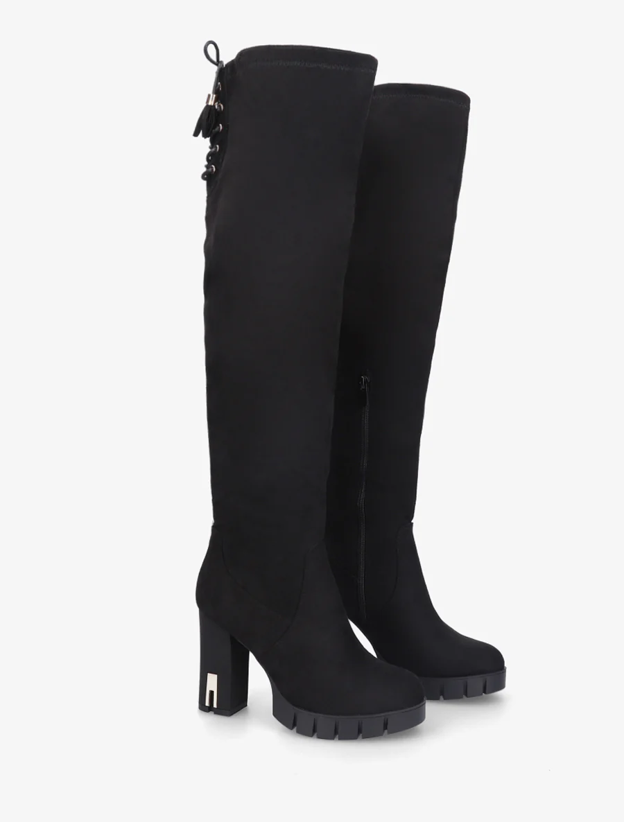 Suède overknee laarzen met een geprofileerde zool en hak. - Zwart - Image 4