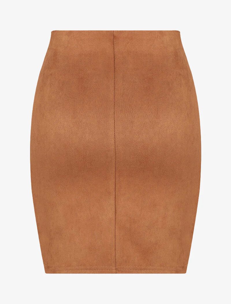 Suède rok met asymmetrische randen en contrasterende stiksels - Camel - Image 2
