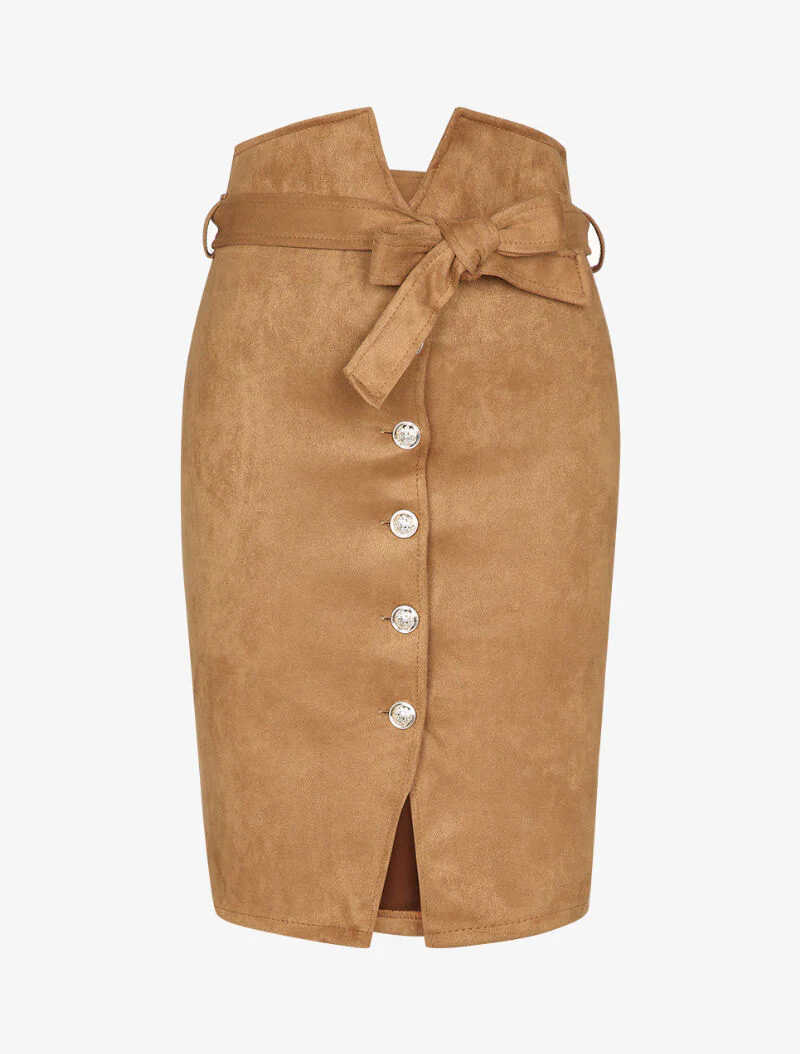 Suède rok met empire taille stijl - Camel