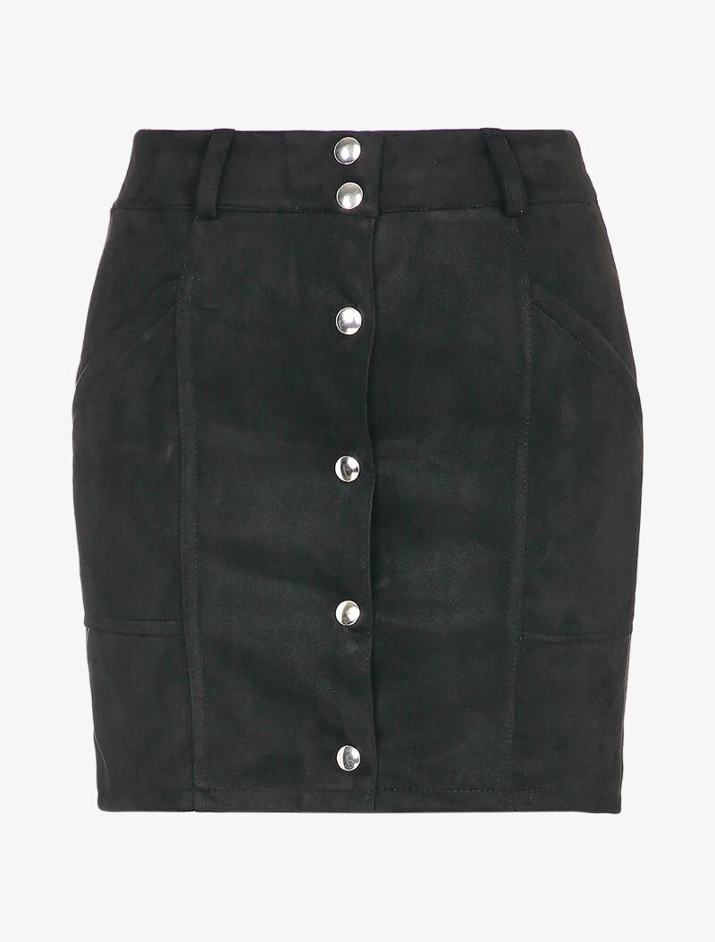 Suède rok met knopen en elastische taille - Zwart