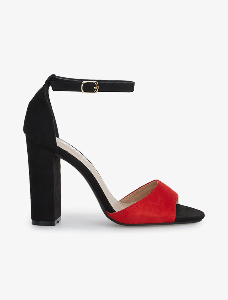 Suède sandalen met afgeronde hak - rood/zwart