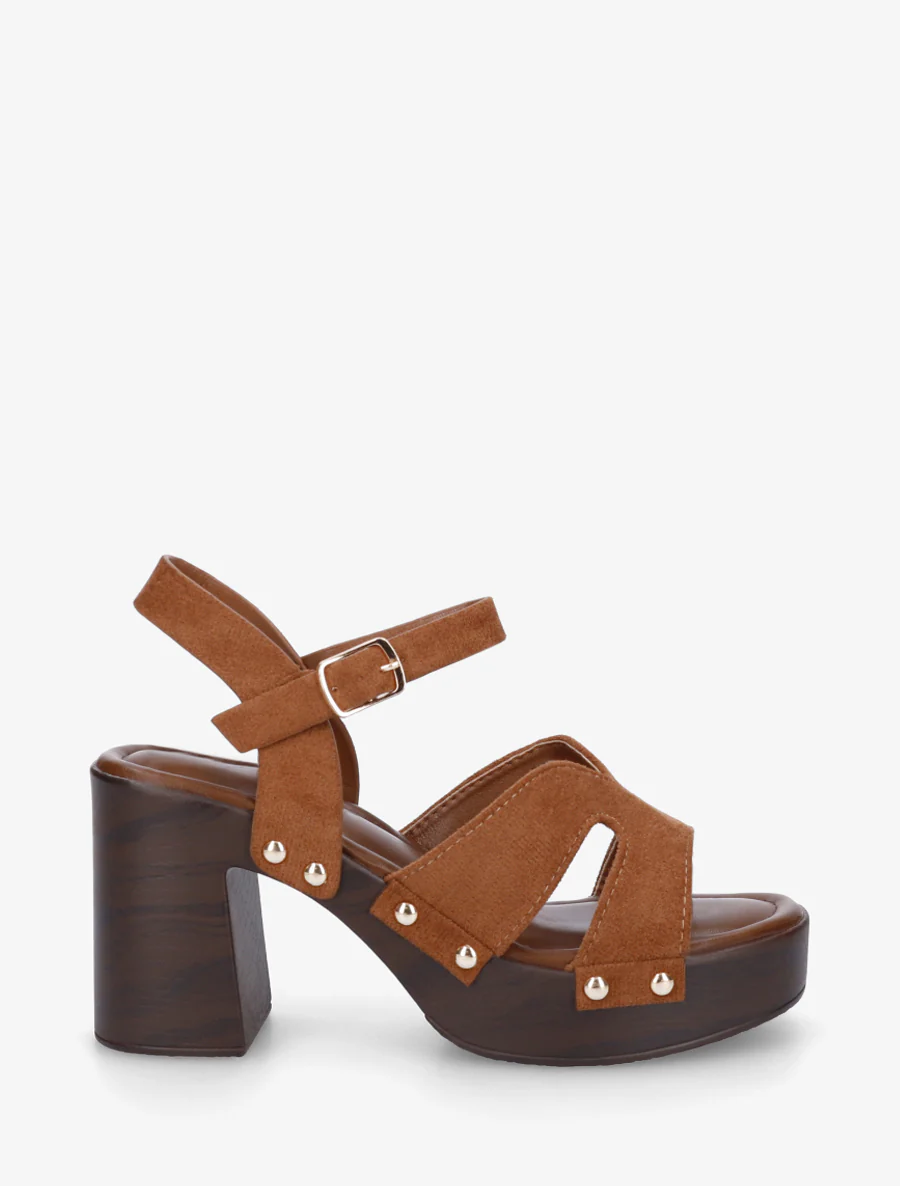Suède sandalen met blokhak - Kameel
