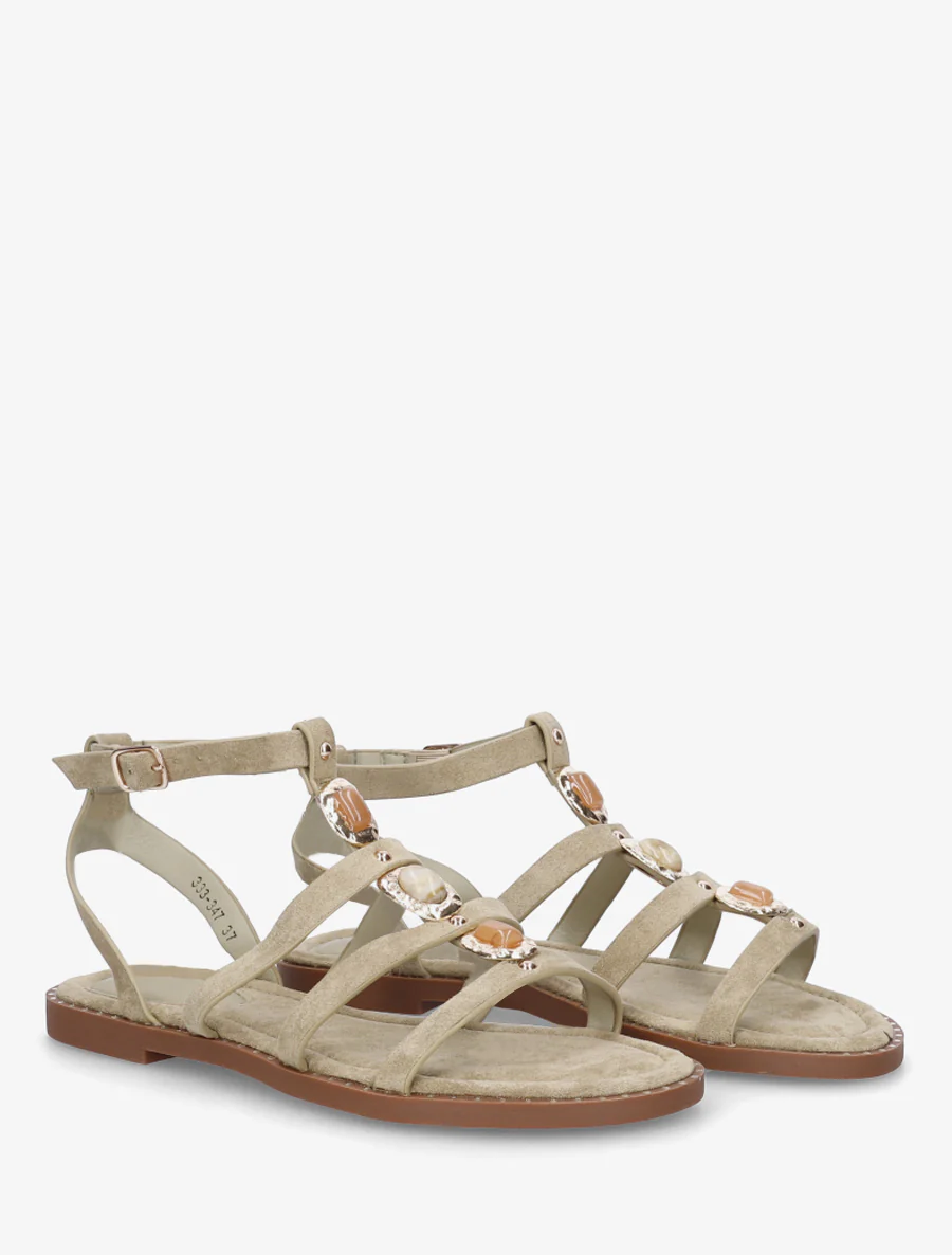 Suède sandalen met drie stenen inzetstuk - Licht kaki - Image 4