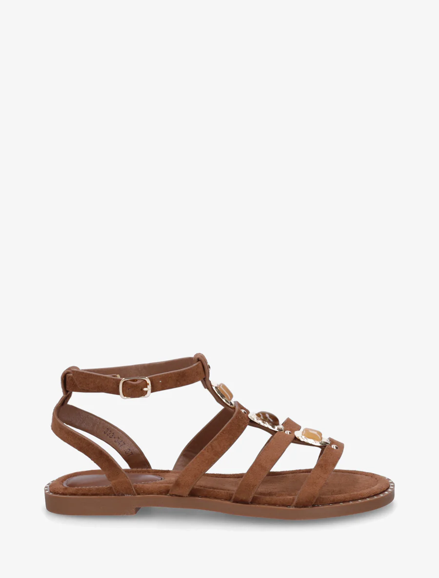 Suède sandalen met drie stenen inzetstuk - Bruin