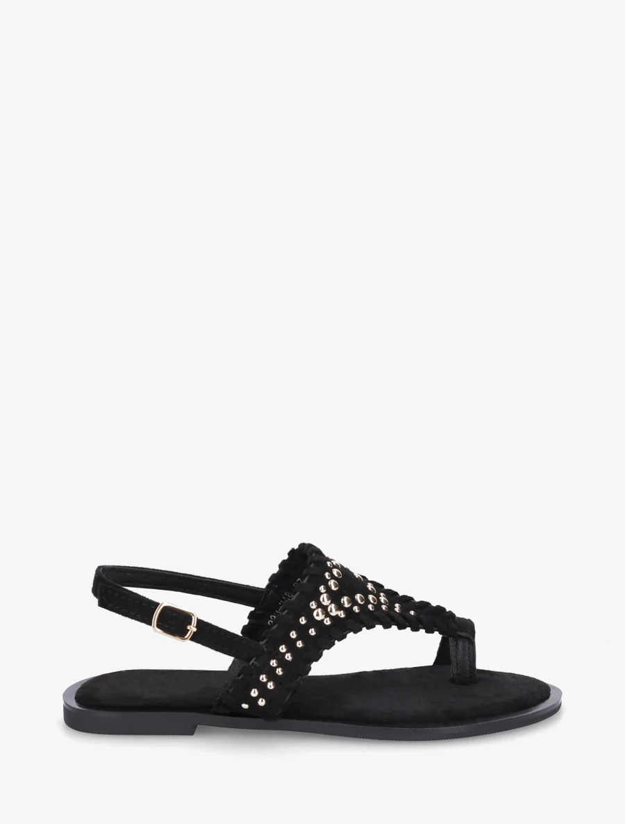 Suède sandalen met een riem met studs. - Zwart