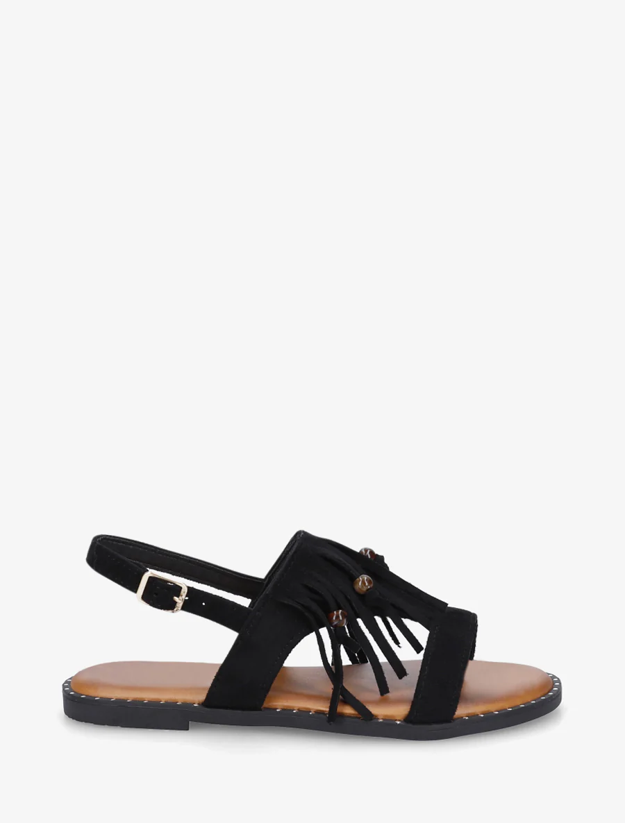Suède sandalen met franjes en kralen - Zwart
