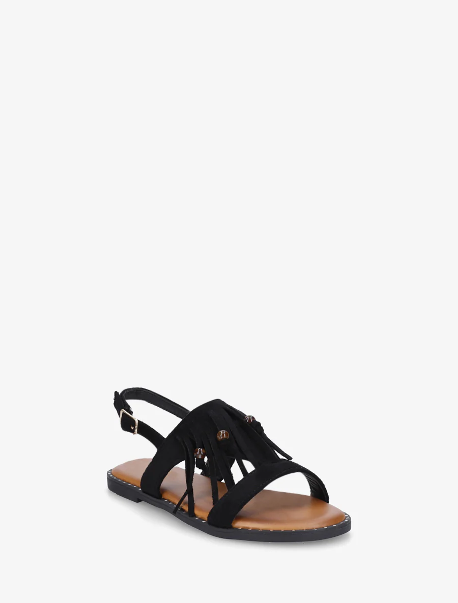 Suède sandalen met franjes en kralen - Zwart - Image 2