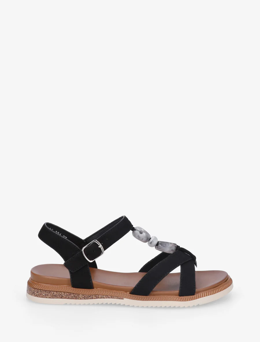 Suède sandalen met sierstenen inzetten. - Zwart
