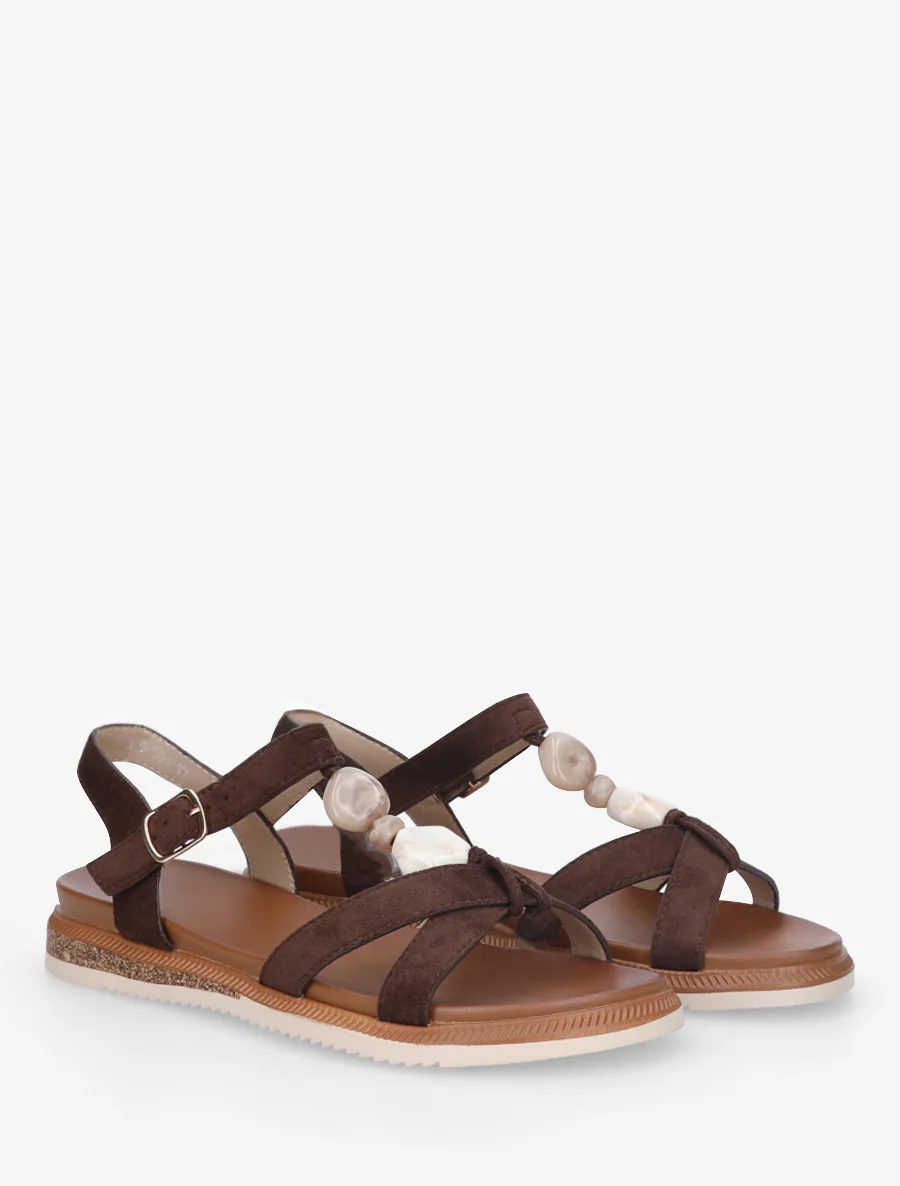 Suède sandalen met sierstenen inzetten. - Bruin - Image 4