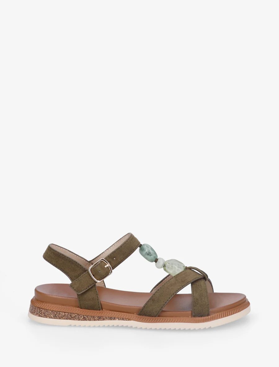 Suède sandalen met sierstenen inzetten. - Kaki