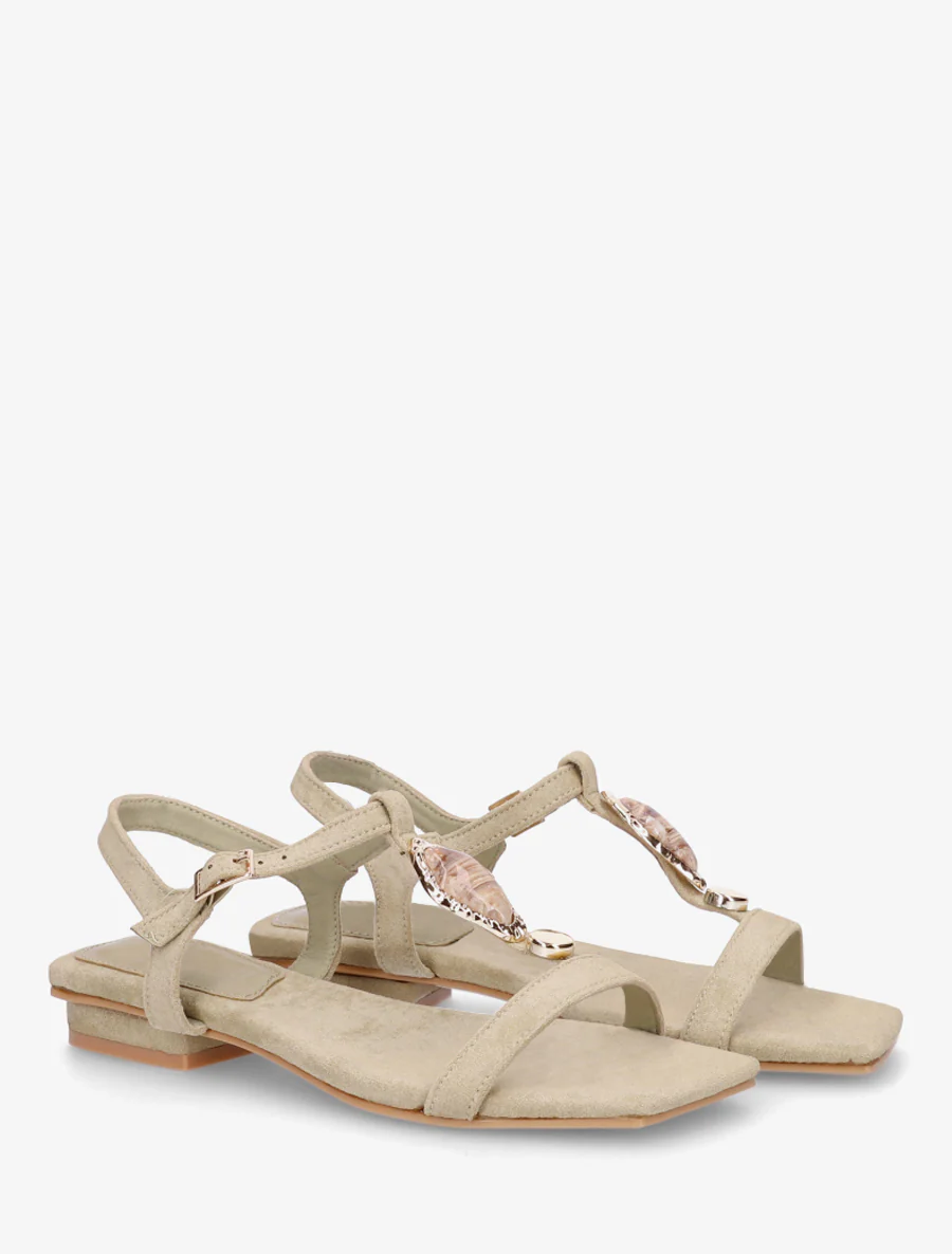 Suède sandalen met stenen inzetstuk - Licht kaki - Image 4