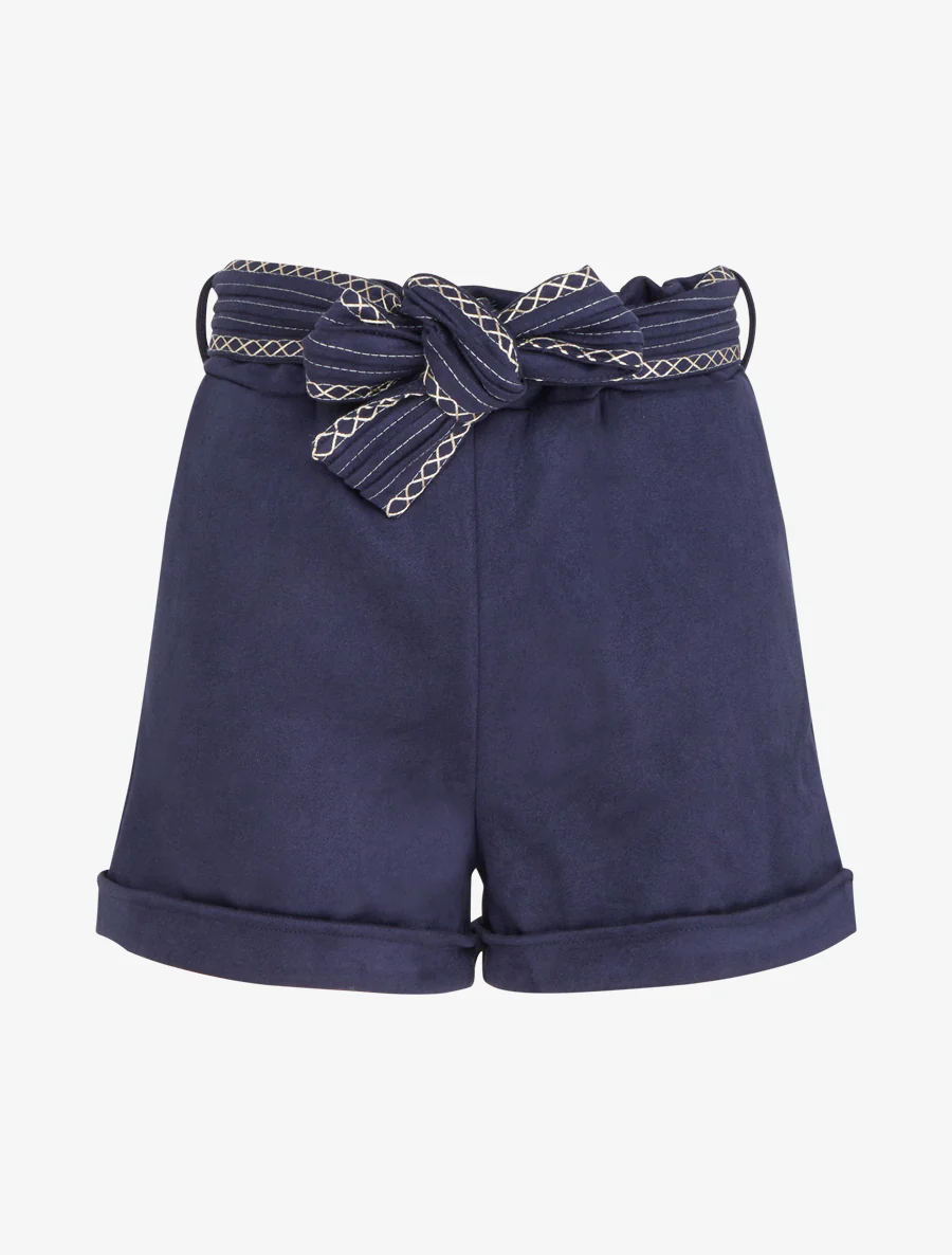 Suède short met geborduurde riem - Marine