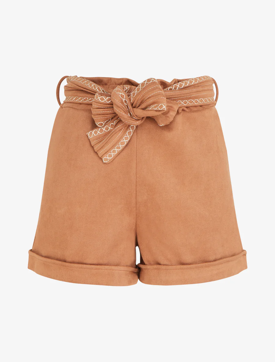 Suède short met geborduurde riem - Kameel