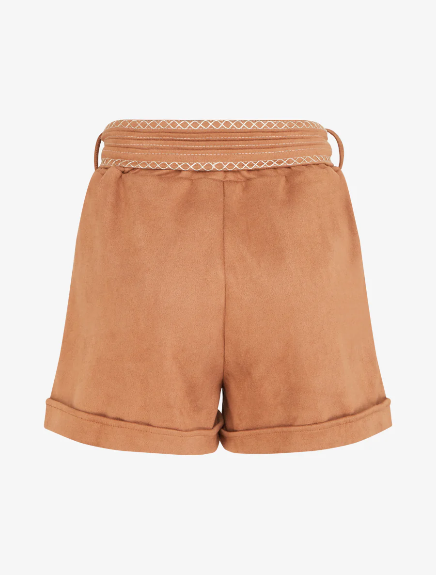 Suède short met geborduurde riem - Kameel - Image 2