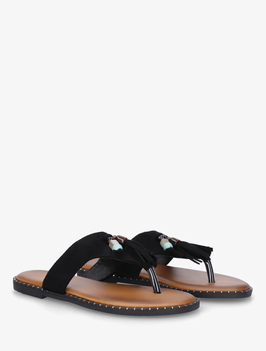 Suède slippers met parels en kwastjes - Zwart - Image 4