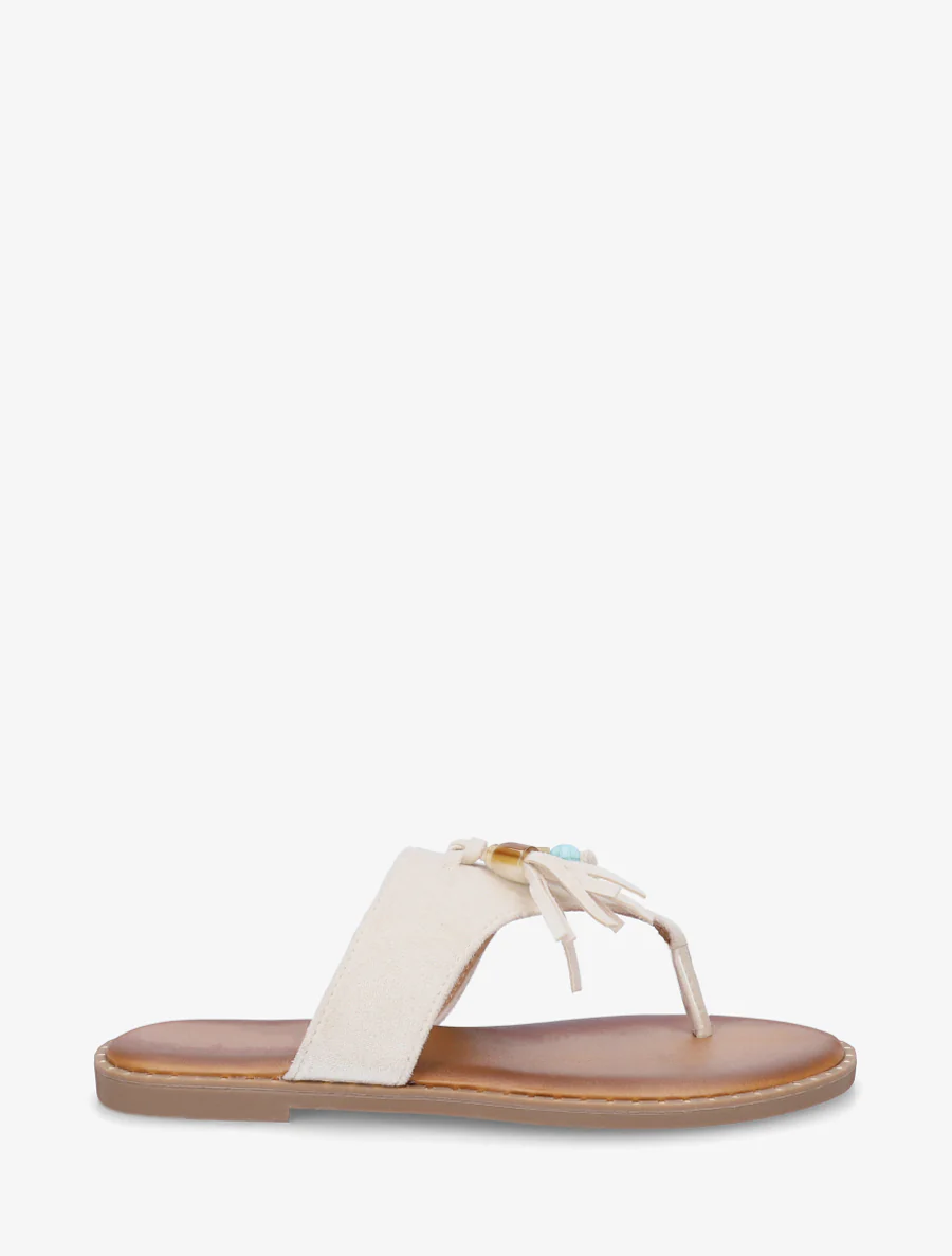Suède slippers met parels en kwastjes - Beige