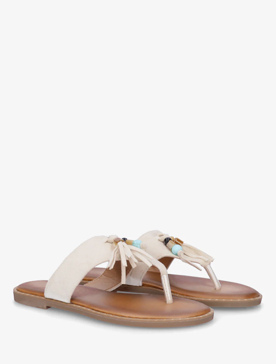 Suède slippers met parels en kwastjes - Beige - Image 4