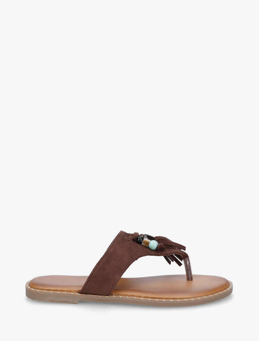Suède slippers met parels en kwastjes - Bruin