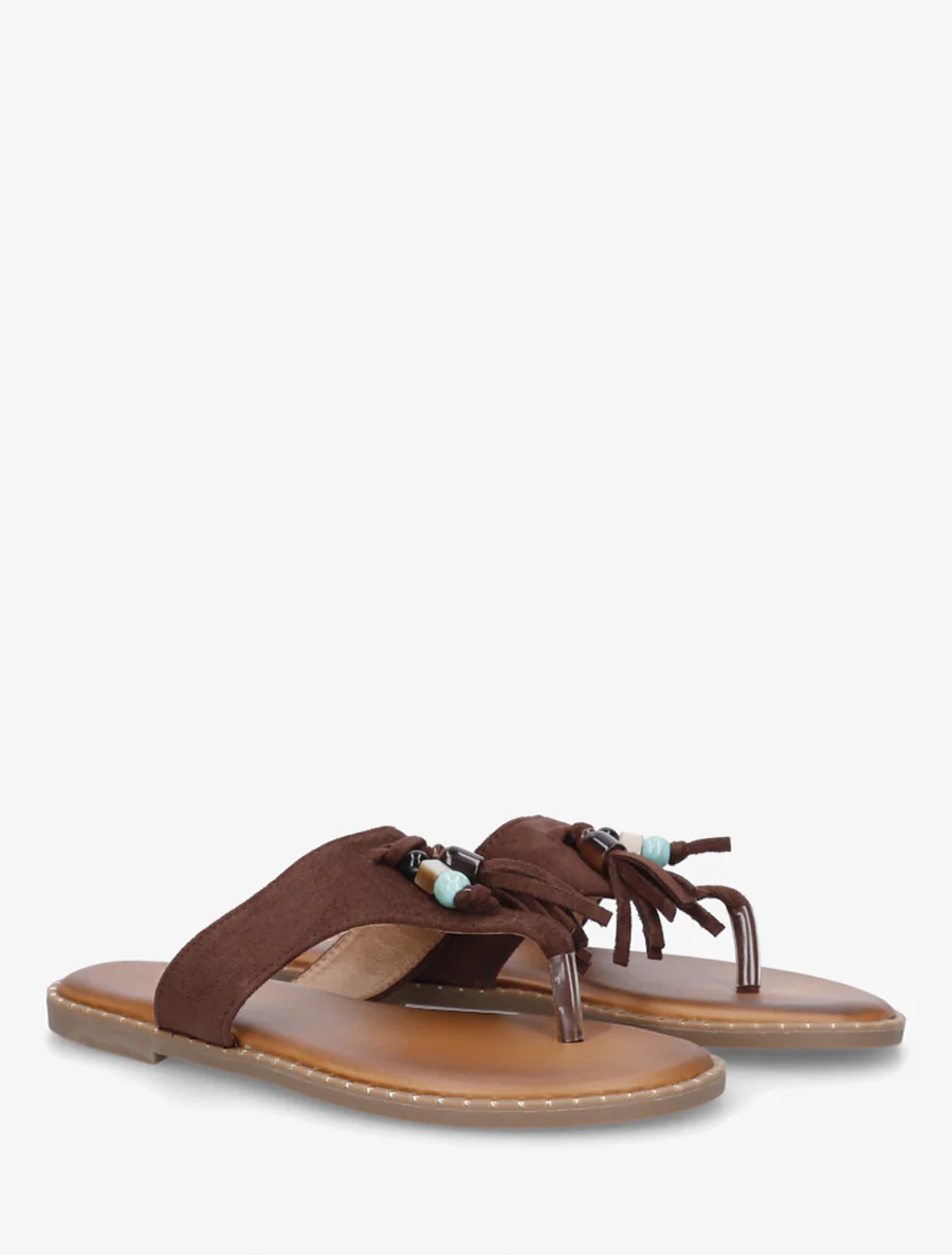Suède slippers met parels en kwastjes - Bruin - Image 4