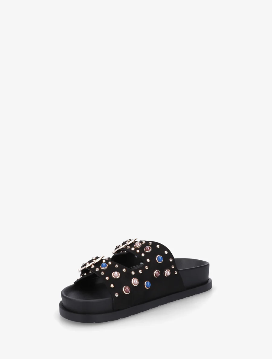 Suède slippers met parels en studs - Zwart - Image 3