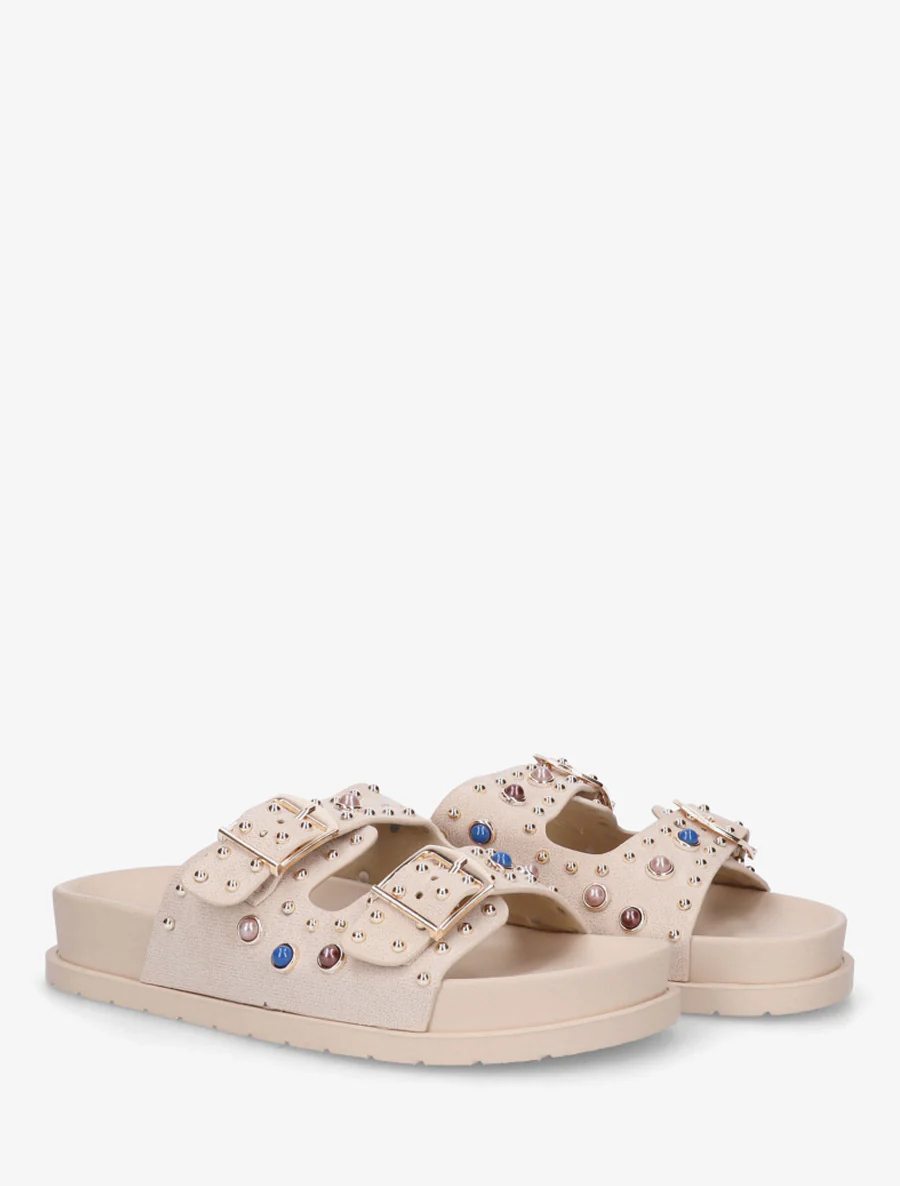 Suède slippers met parels en studs - Beige - Image 4