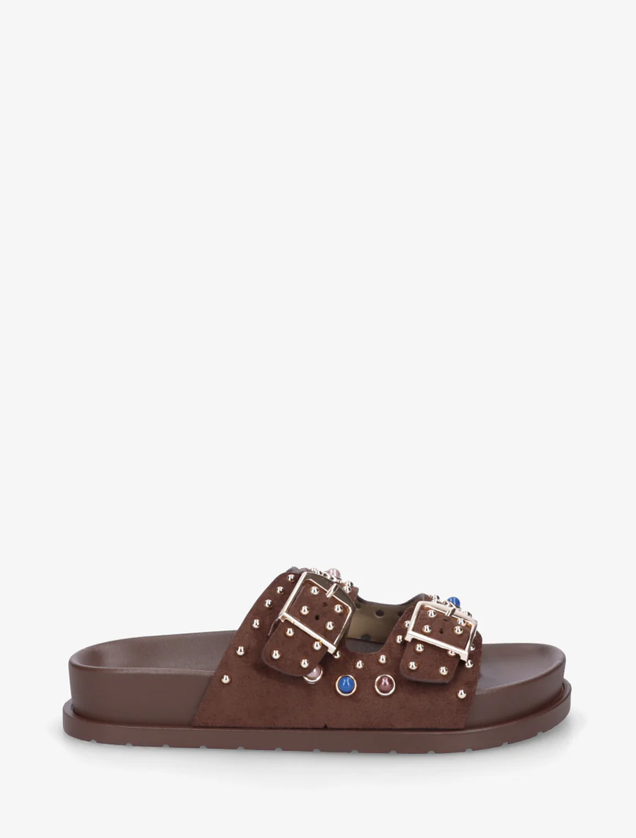 Suède slippers met parels en studs - Bruin