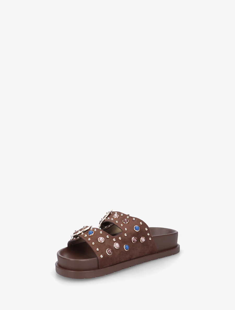 Suède slippers met parels en studs - Bruin - Image 3
