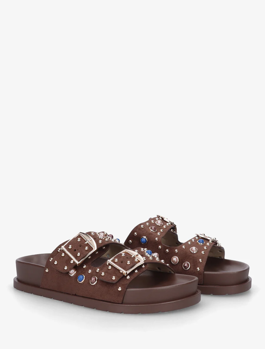Suède slippers met parels en studs - Bruin - Image 4