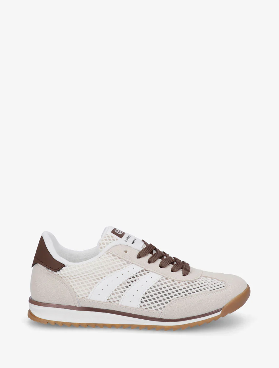 Suède sneakers en opengewerkt textiel - Beige