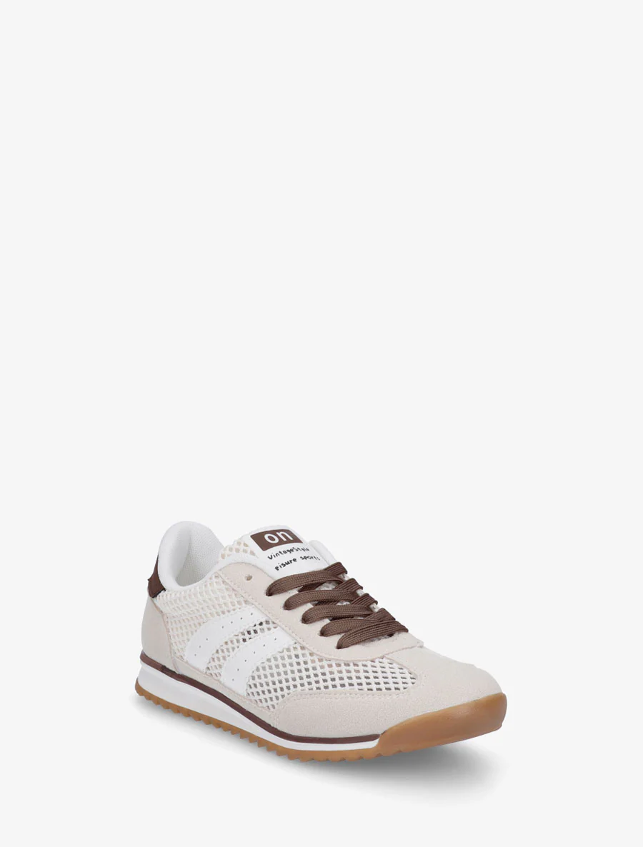 Suède sneakers en opengewerkt textiel - Beige - Image 2
