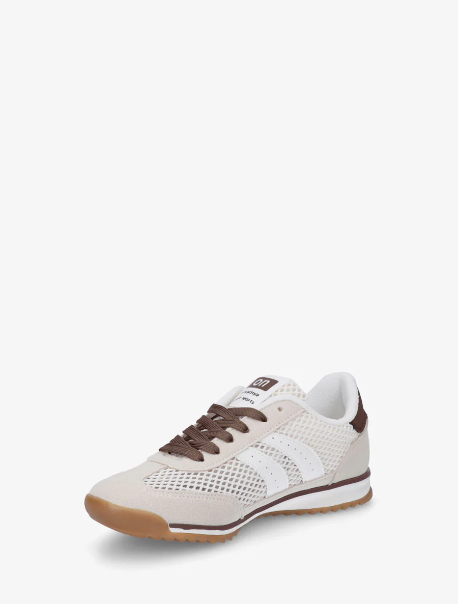 Suède sneakers en opengewerkt textiel - Beige - Image 3