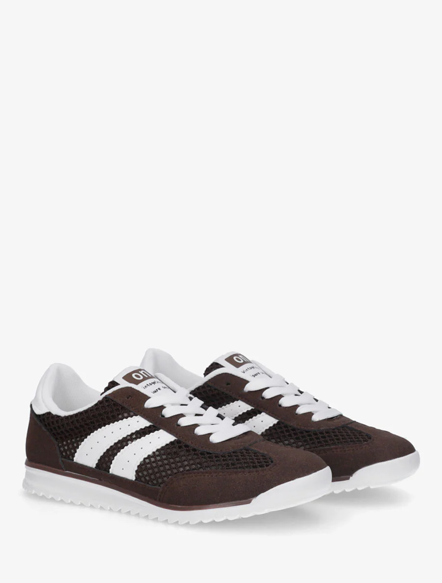 Suède sneakers en opengewerkt textiel - Bruin - Image 4