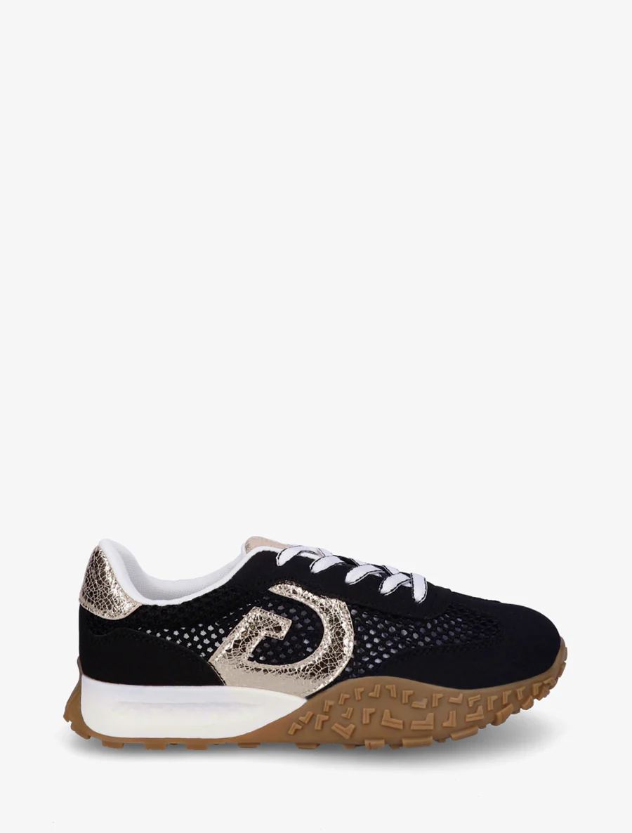 Suède sneakers en opengewerkte mesh - Zwart