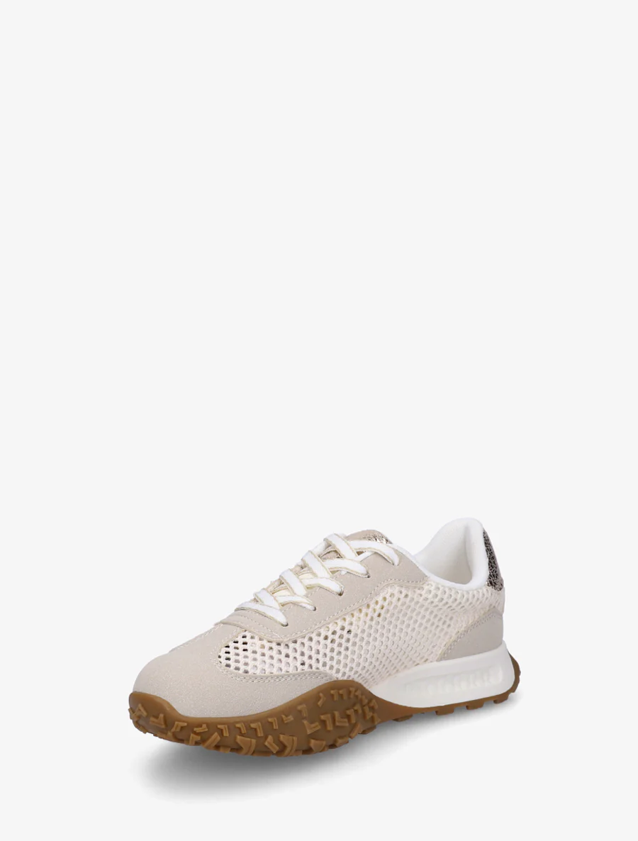 Suède sneakers en opengewerkte mesh - Beige - Image 3
