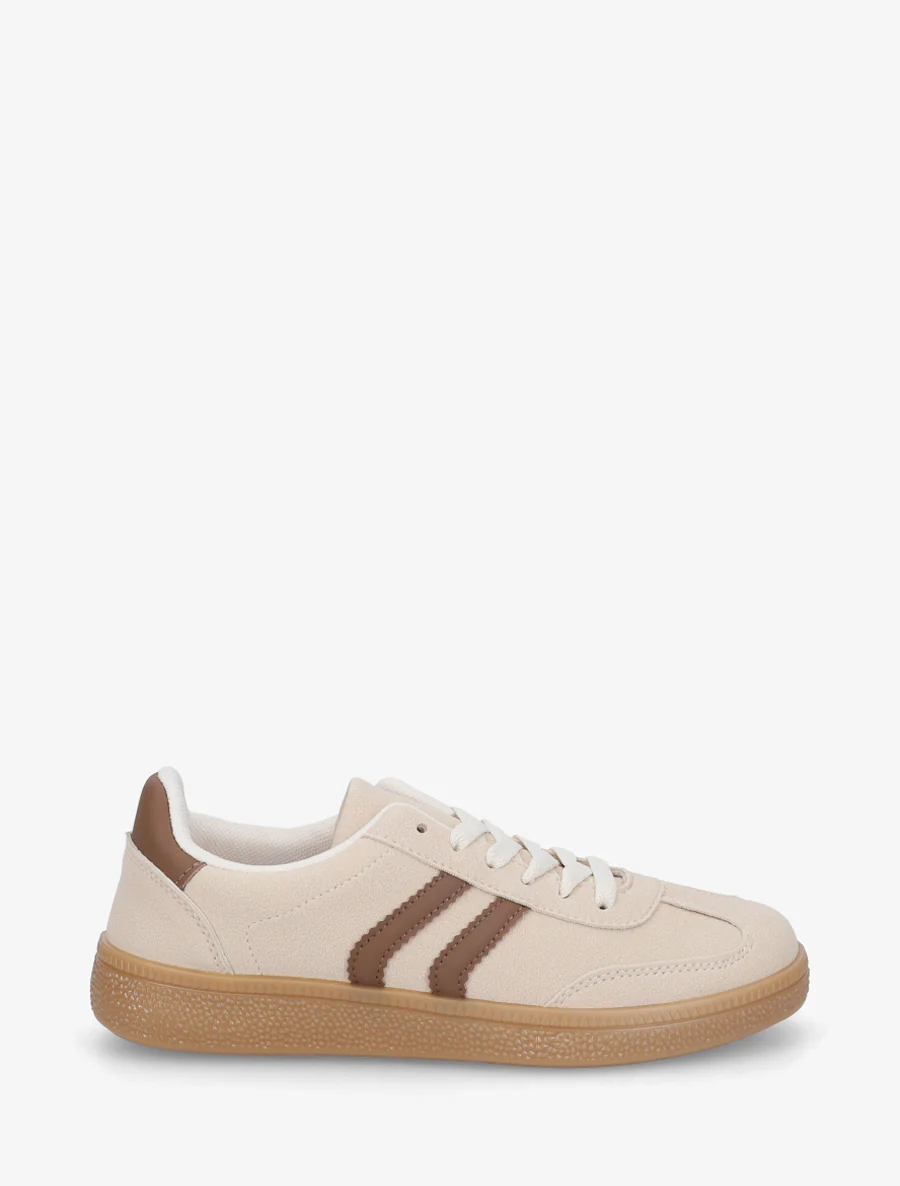 Suède sneakers met contrasterende strepen. - Beige