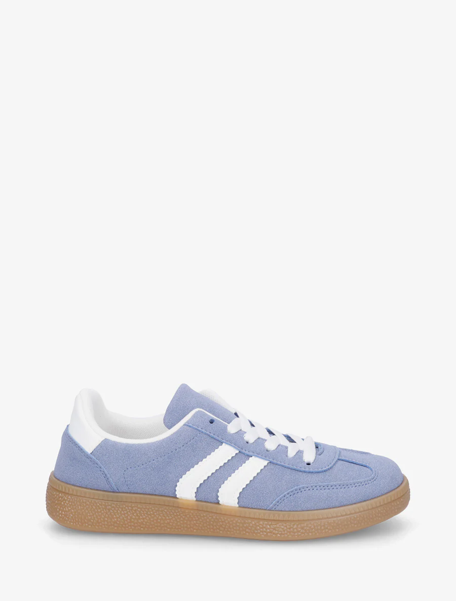 Suède sneakers met contrasterende strepen. - Blauw