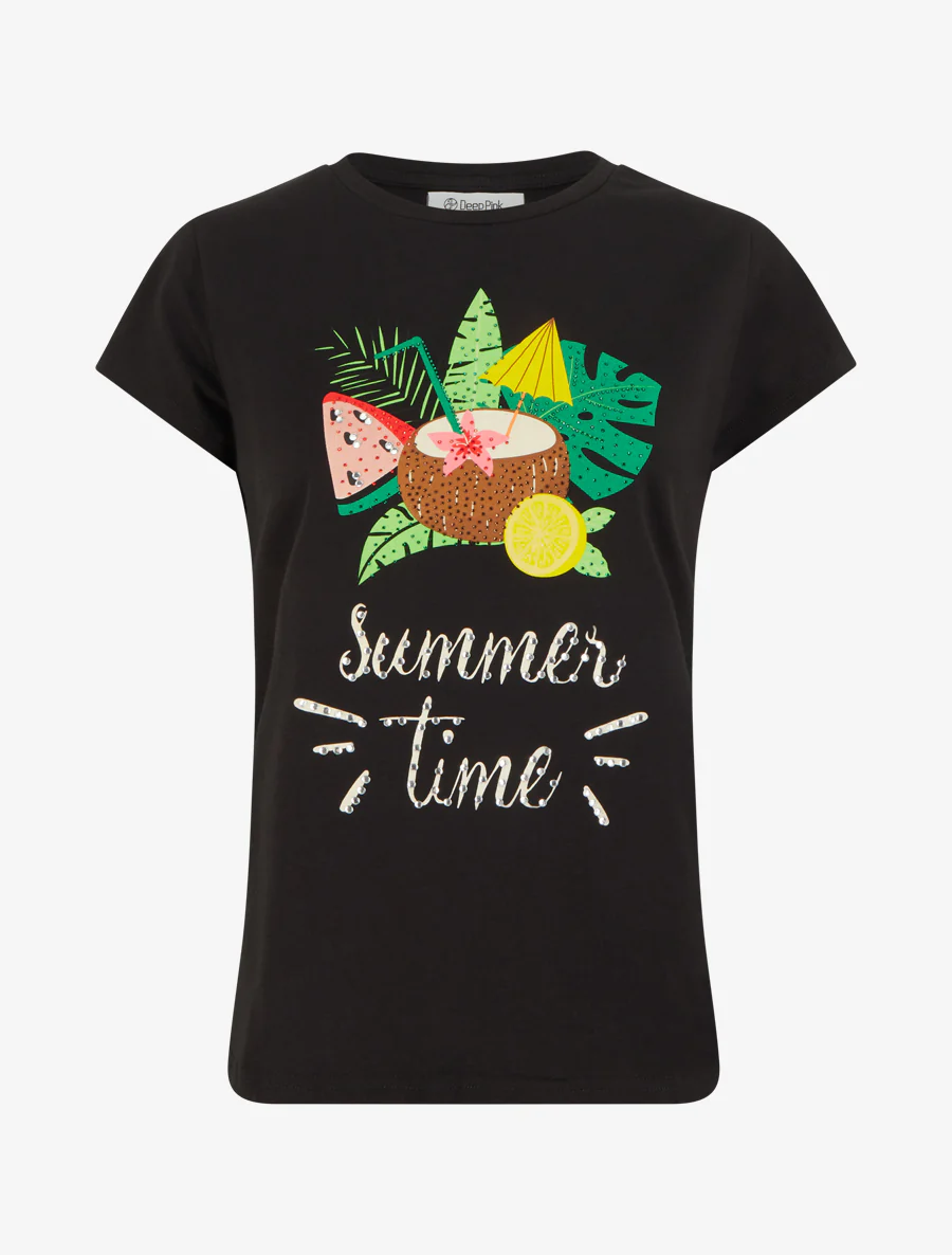 Summer Time T-shirt met strass - Zwart