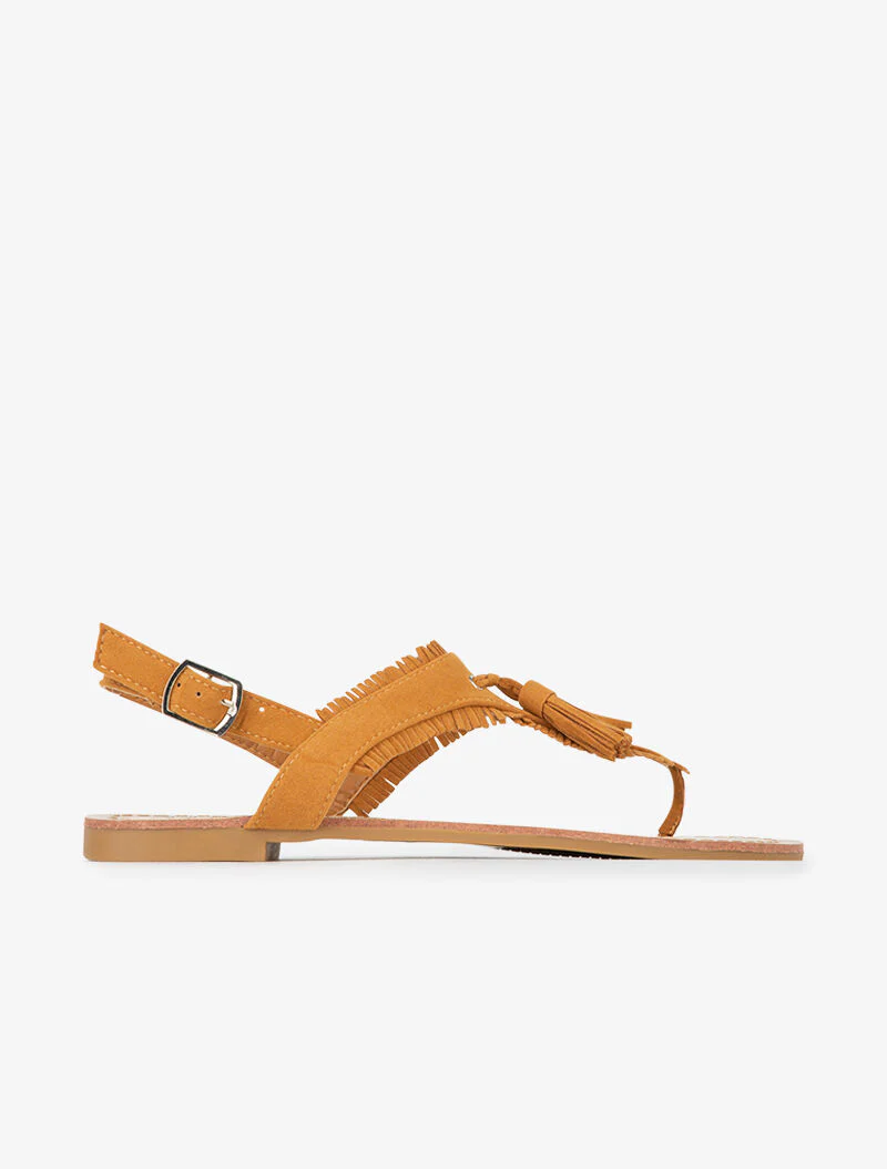 T-band sandalen met brede franje - camel