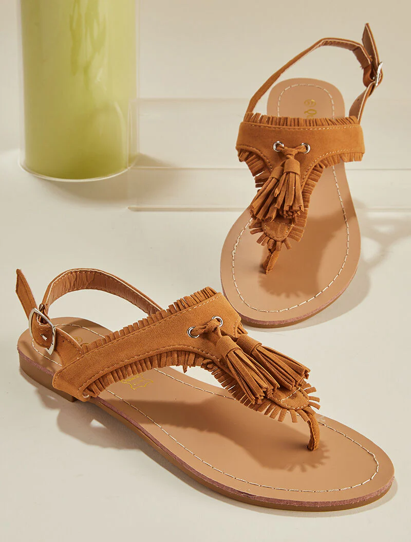 T-band sandalen met brede franje - camel - Image 5
