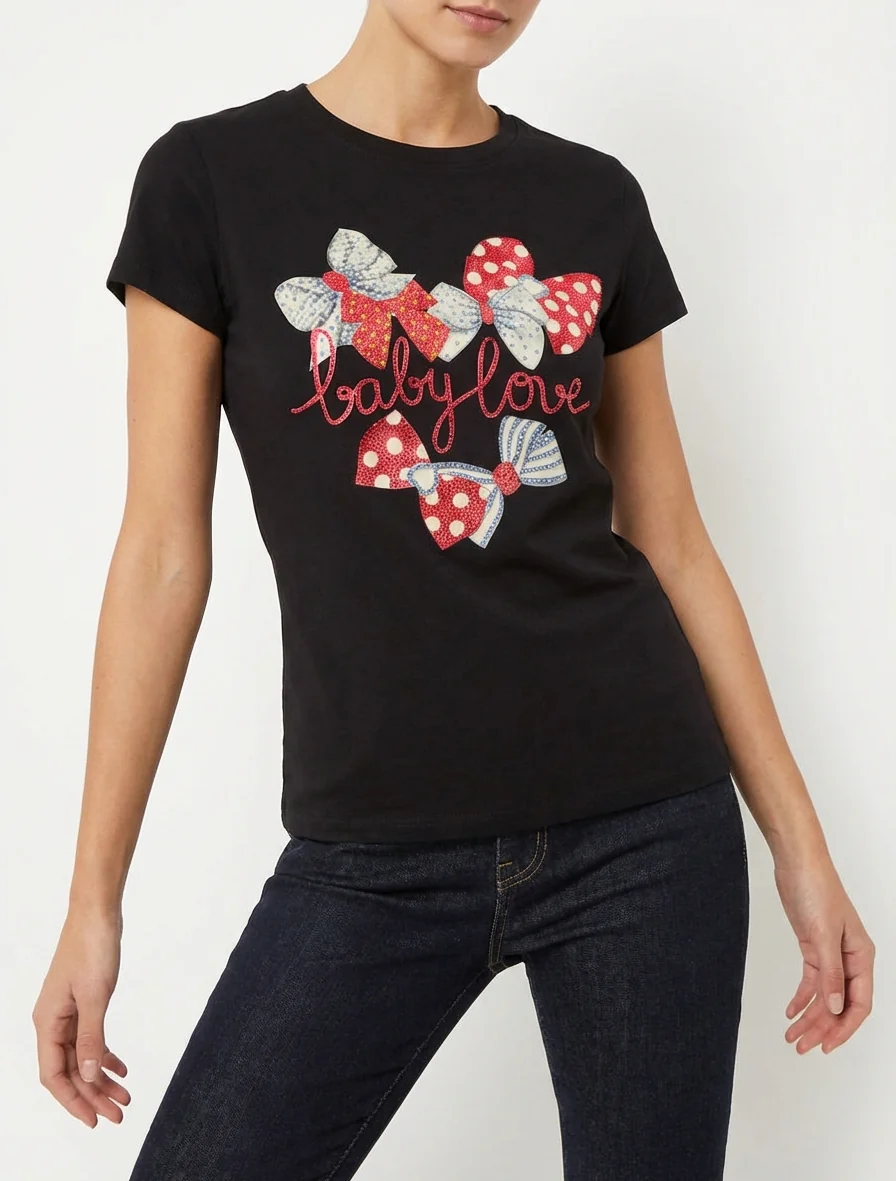 T-shirt bedrukt met gestrikte strass-steentjes - Zwart - Image 4